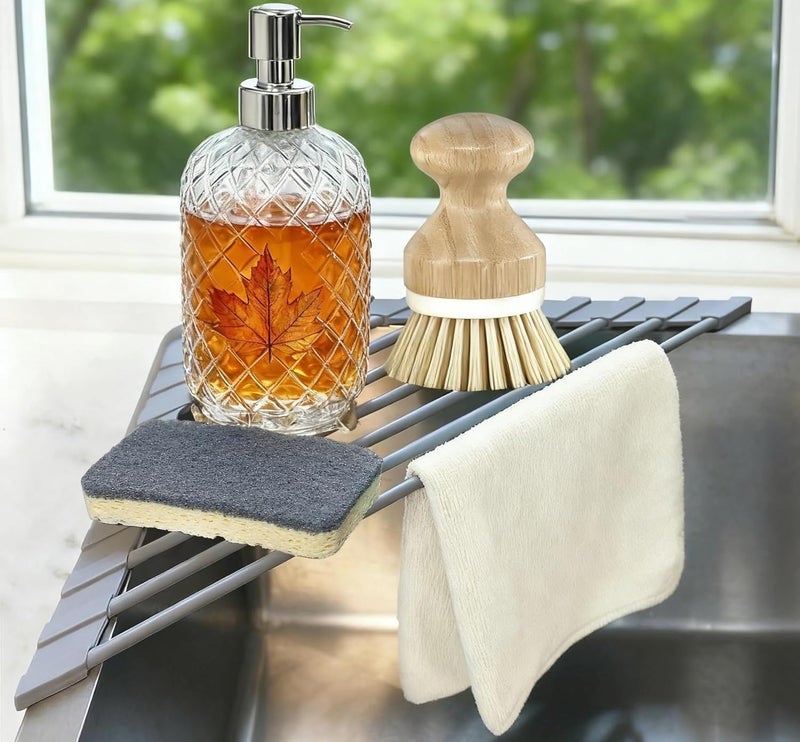 Seropy Corner Sink Caddy Kitchen Sink Organizer, Silicone Wrapped Triangle Roll Up Dish Drying Rack Over Sink Drainer Mat, Anti-Slip Sponge Holder Corner Shelf for RV Kitchen Sink Accessories Counter Storage - Image 1